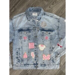 Custom One Of Kind Women's Size Small Tinsel Town Denim Jean Jacket Pink Patches